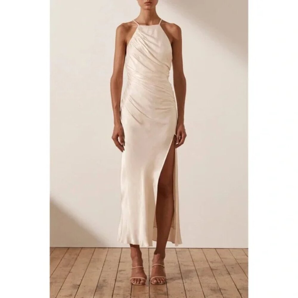 Shona Joy Thalia Gathered Square Neck Bias Midi Dress‎ Cream Women's Size 4